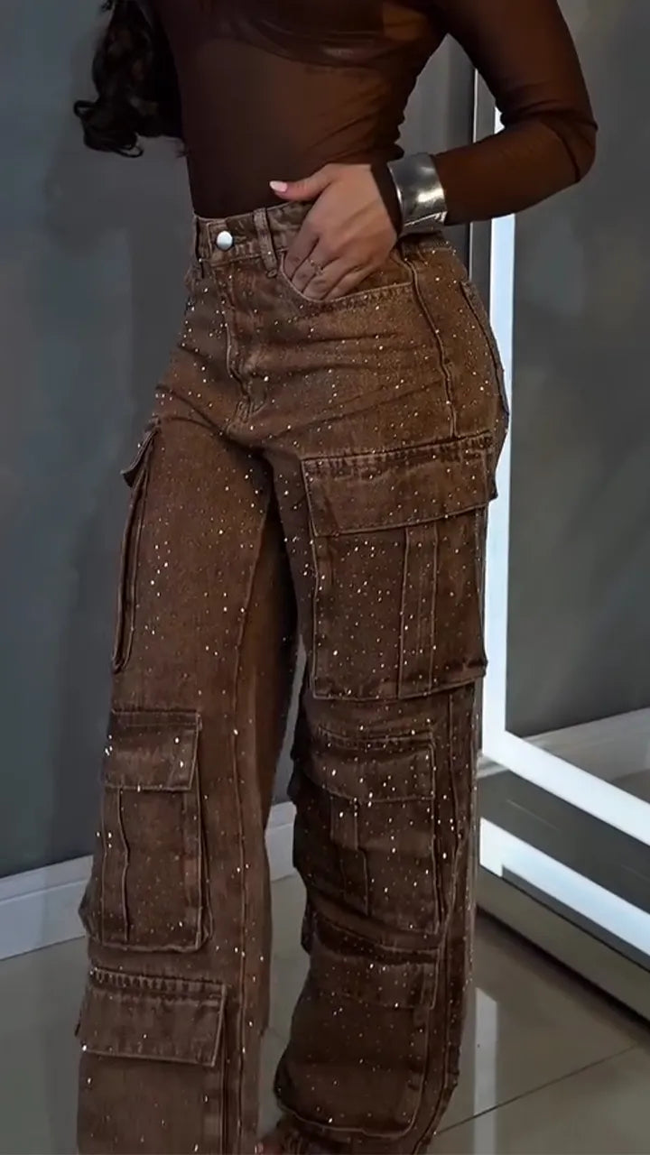 Women Hot Stamping Diamond Splicing Multiple Pockets Temperament Casual Cargo Pants