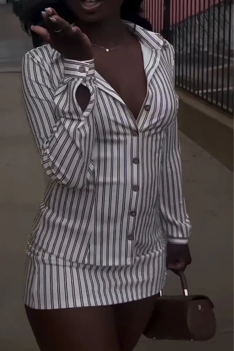 Women Collar Vertical Striped Shirt + Half Skirt Elegant Casual Set