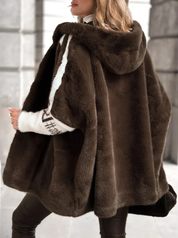 Women Plush Hooded Vertical Stripe Printed Casual Coat