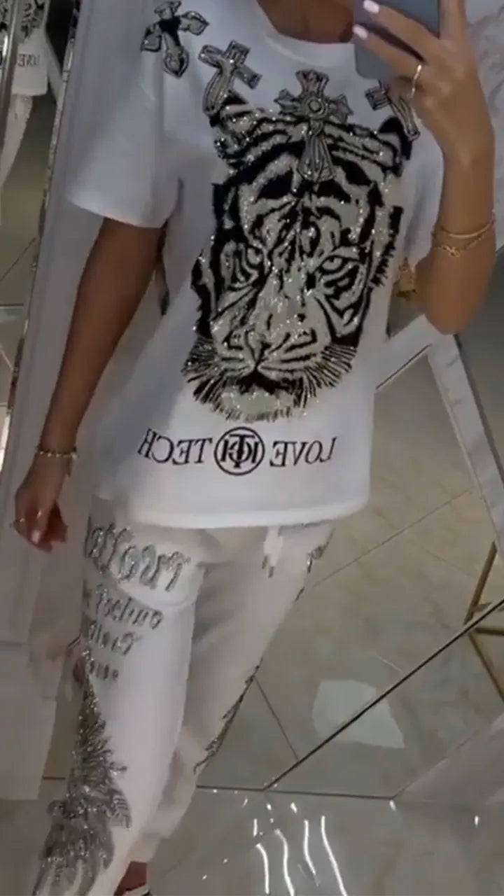 Ladies' Round Neck Printed Tiger Hot Stamping Top + Pants Casual Set