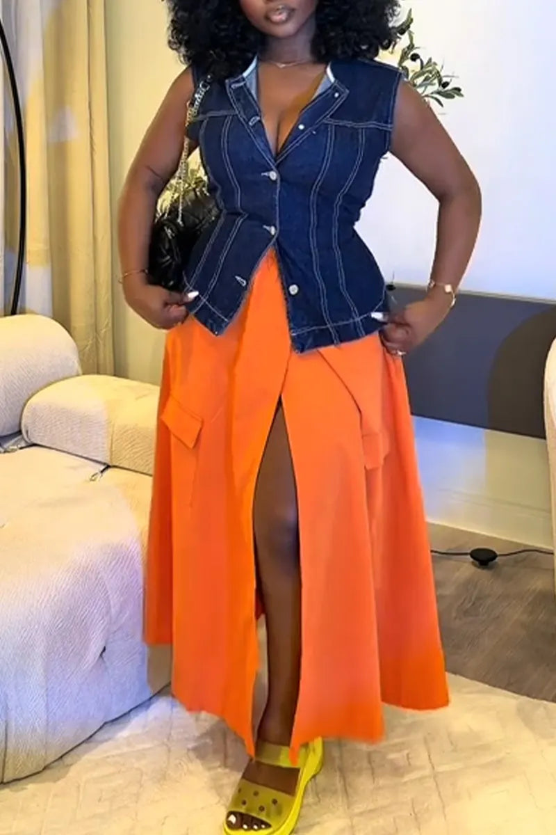 Women Casual Patchwork Denim Top or Split Skirt