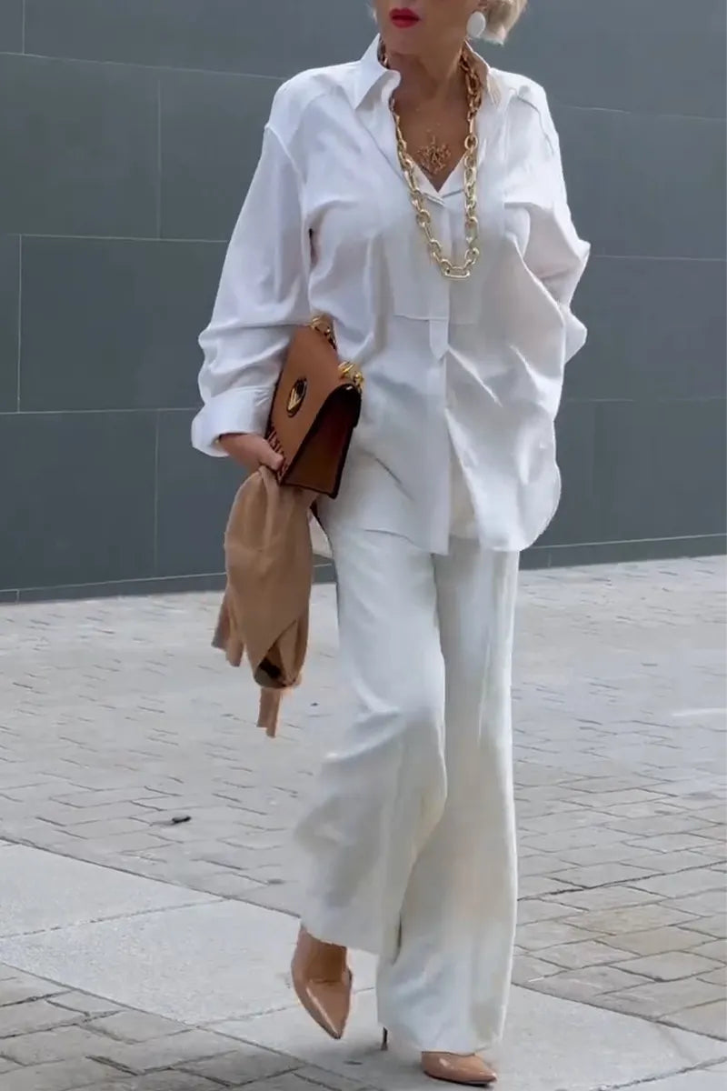 Women Temperament Casual Collar Solid Color Shirt or Wide Leg Pants