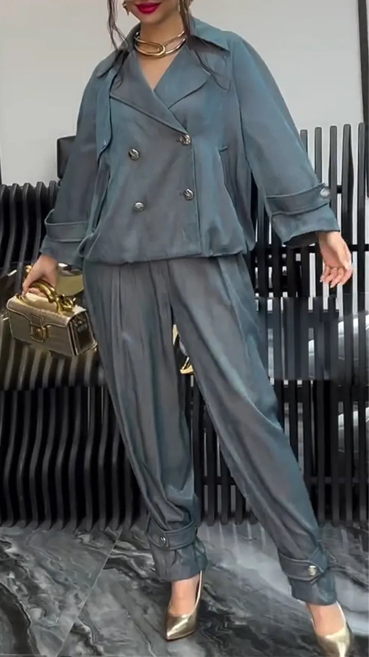 Women Collar Double Breasted Jacket + Pants Temperament Commuting Suit