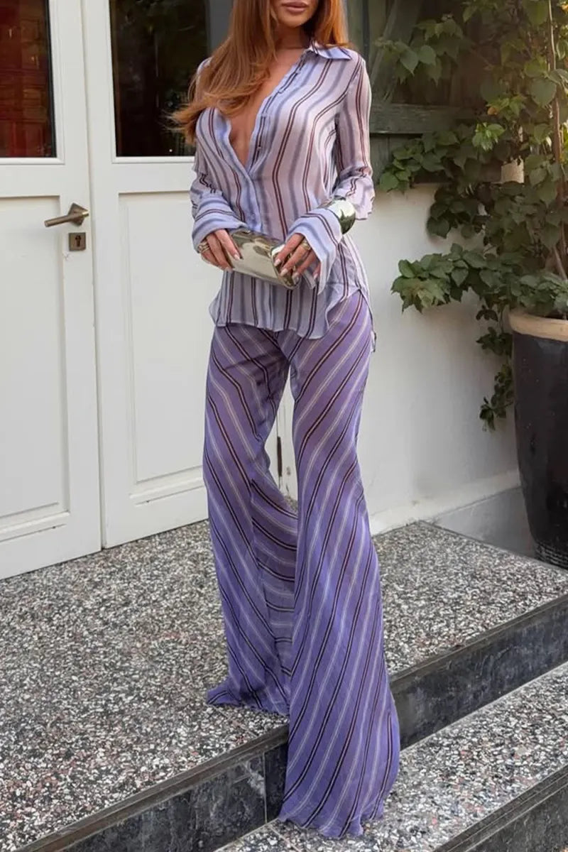 Women Collar Vertical Striped Shirt+ Pants Casual Suit