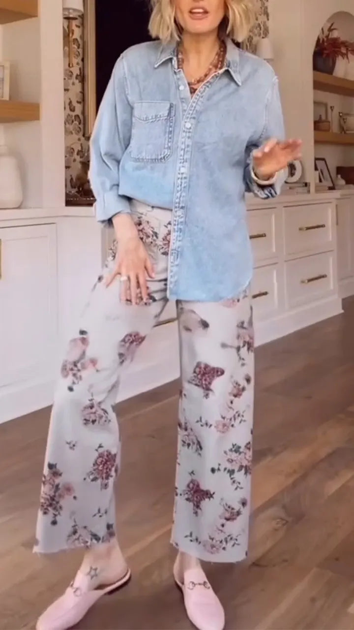Women Collar Denim Top+ Printed Pants Casual Suit
