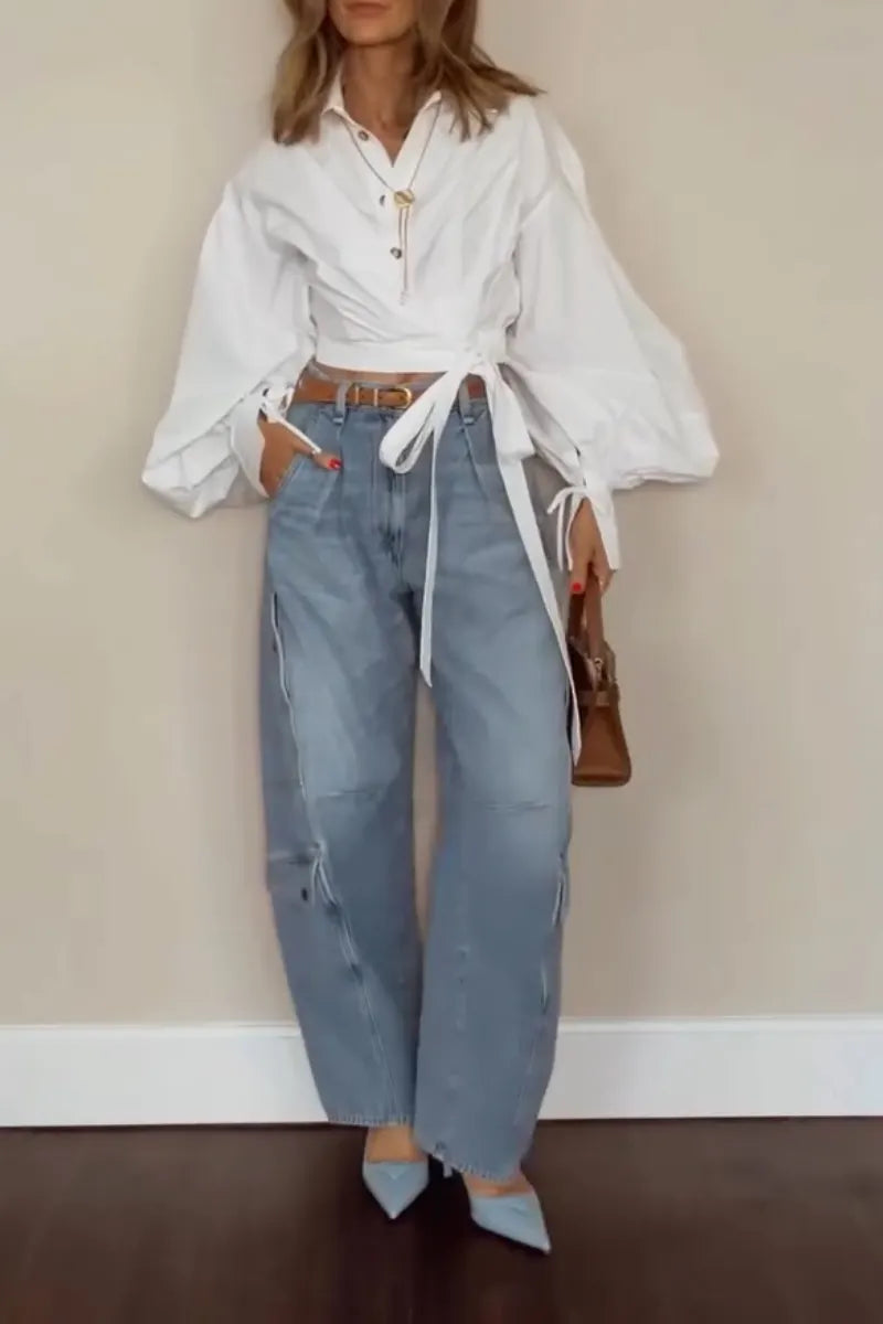Women Casual Lantern Sleeve Lapel Shirt or Washed Water Spliced Jeans