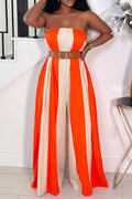 Women's Color Block Striped Tube Top Jumpsuit with Flowy Wide Leg Pants