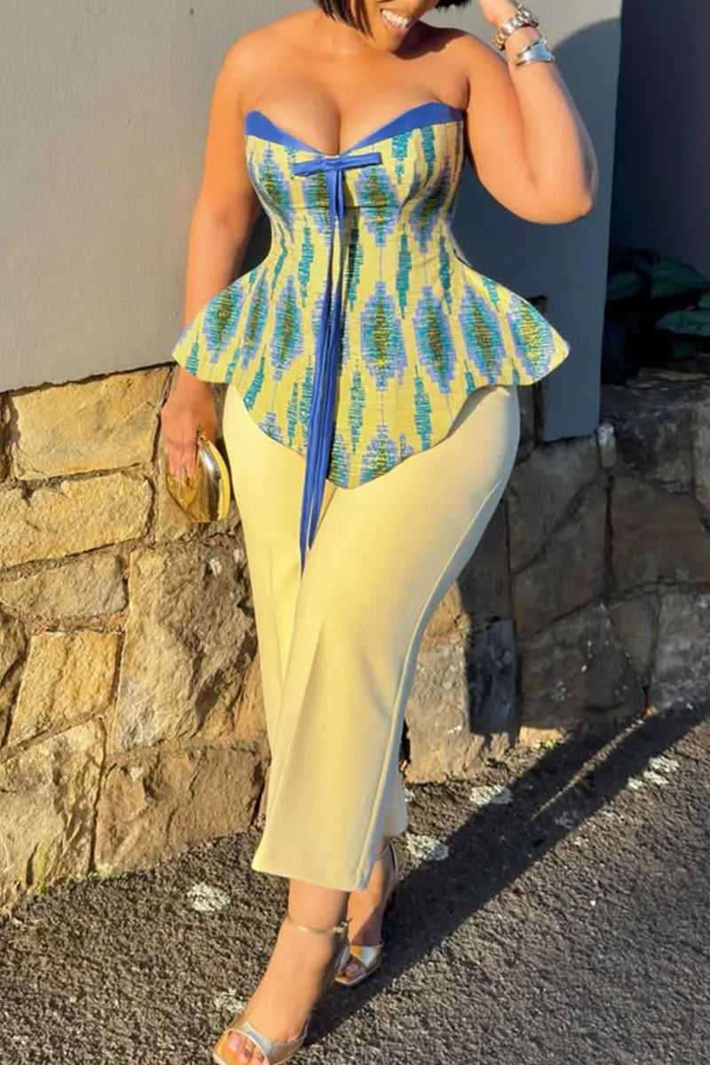 Women Elegant Casual Strapless Printed Irregular Tops or Wide Leg Pants