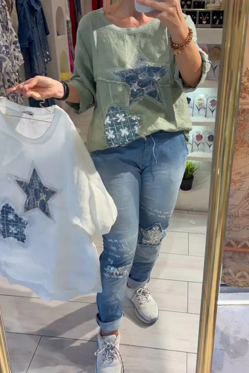 Women Round Neck Patchwork Printed or Sequined Washed Denim Jeans