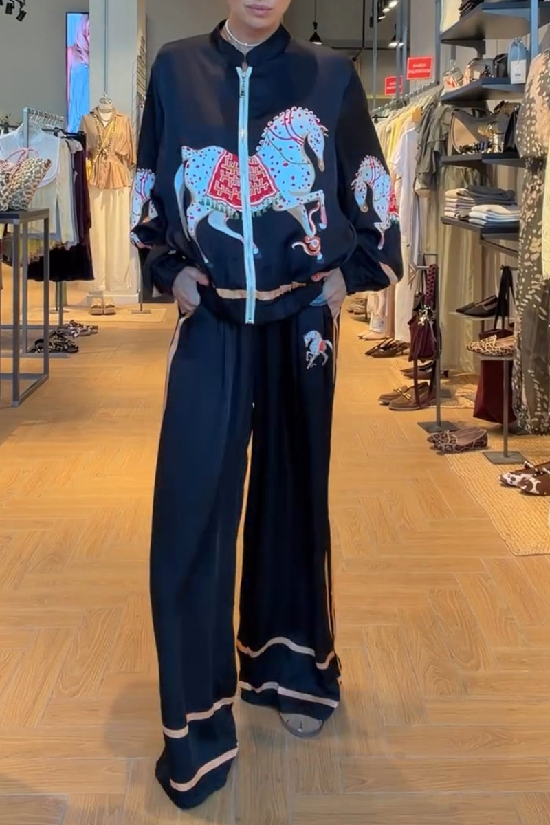 Women Round Neck Pony Print Jacket + Wide Leg Pants Casual Set
