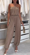 Women Hanging Neck Sleeveless Patchwork Solid Color Casual Jumpsuit