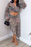 Women V-neck Printed Top+ Irregular Skirt Elegant Casual Set