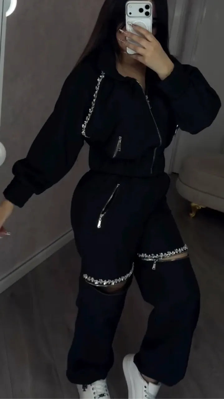 Women Round Neck Jacket+ Spliced Zipper Pants Casual Set