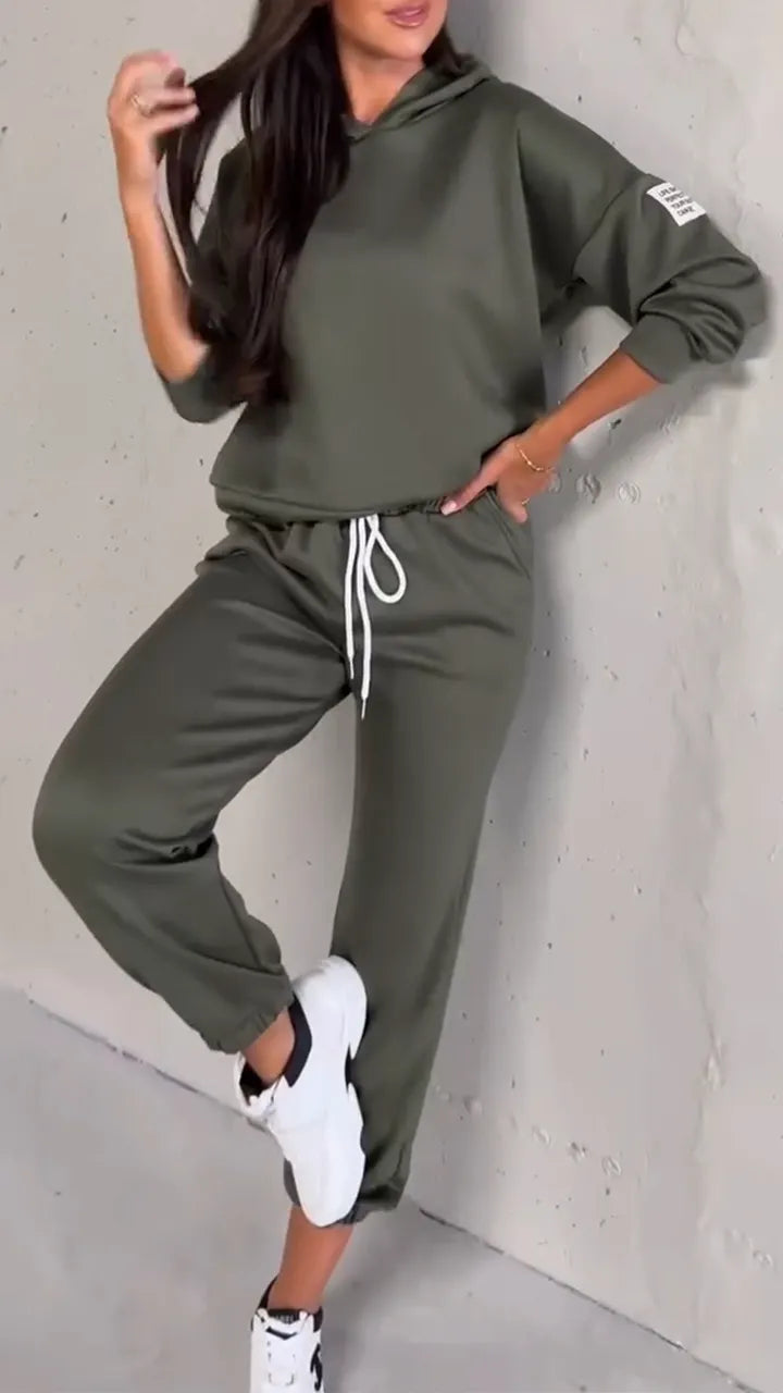 Ladies Round Neck Hooded Top+ Drawstring Pants Casual Set