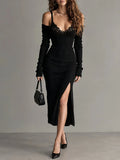 Black Romantic Lace Bust Ribbed Knit Midi Dress With High Slit