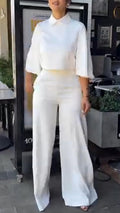 Women Collar Top+ Pants Solid Color Casual Suit