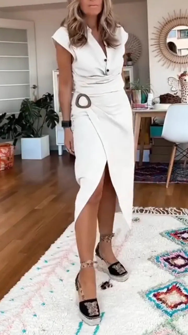 Women Collar Splicing Short Top + Slit Skirt Casual Set