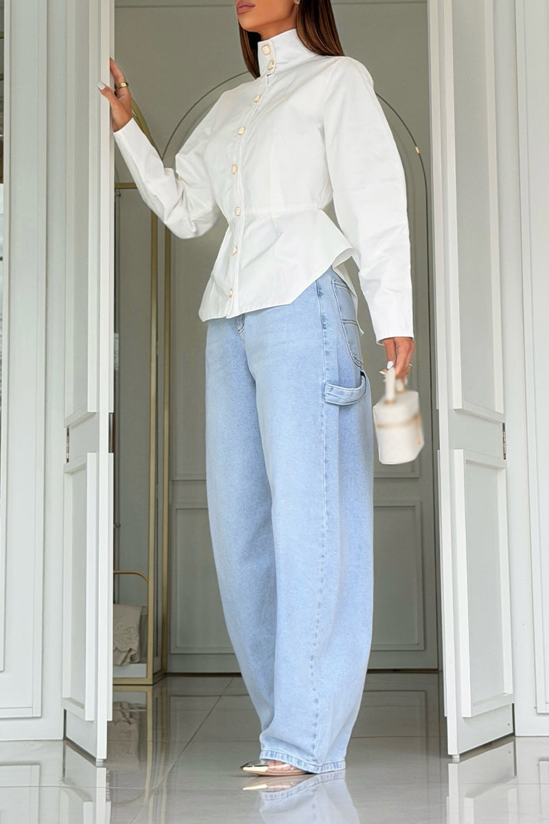 Women's Standing Collar Buckle Waist Cinching Elegant Casual Shirt