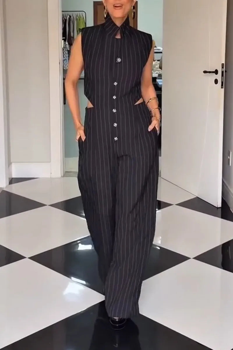 Women's Fashion Waist Cutout Stripe Wide Leg Jumpsuit