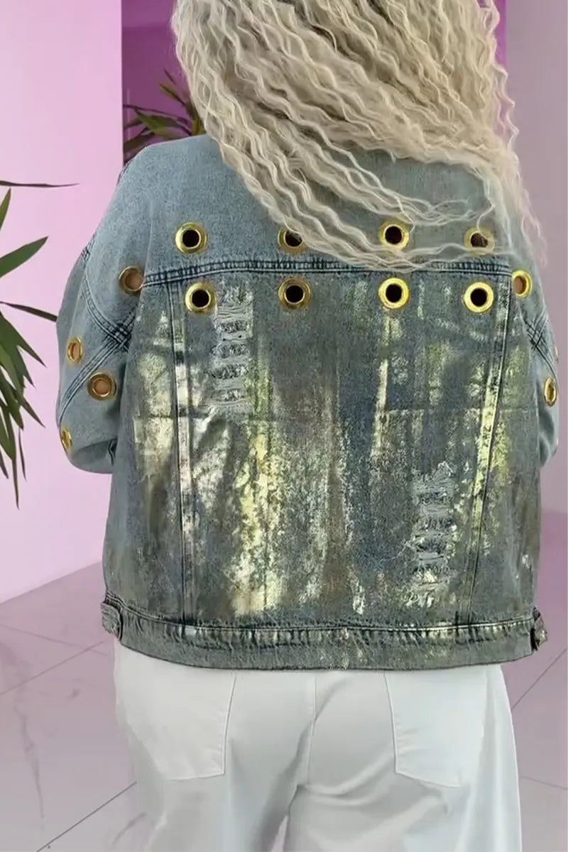 Women's Flip Collar Washed Water Gold Stamping Casual Denim Jacket