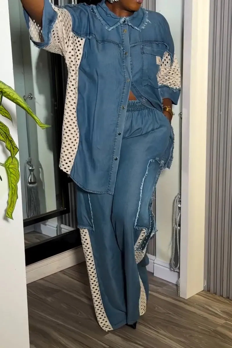 Women Collar Patchwork Hollow Denim Top or Wide Leg Jeans