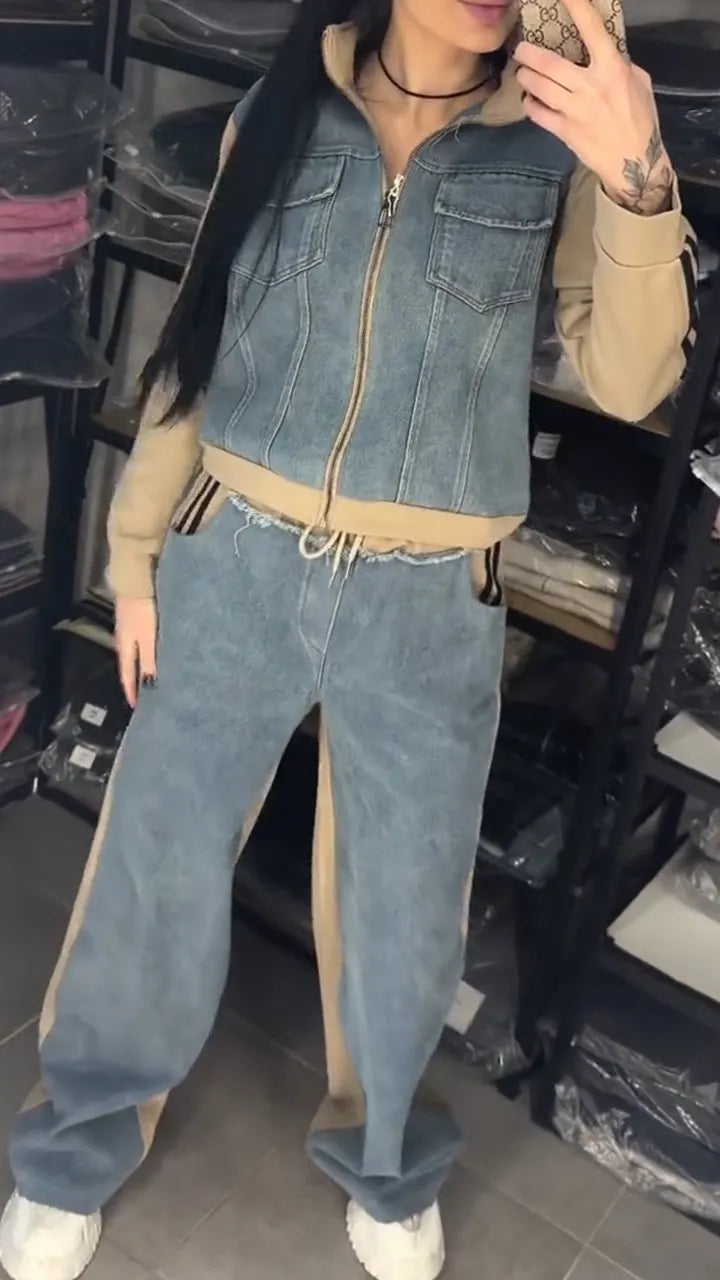 Women Collared Patchwork Denim Casual Jacket + Jeans Casual Suit
