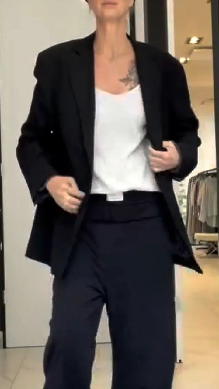 Women Lapel Jacket + Pants Solid Color Temperament Commuter Set