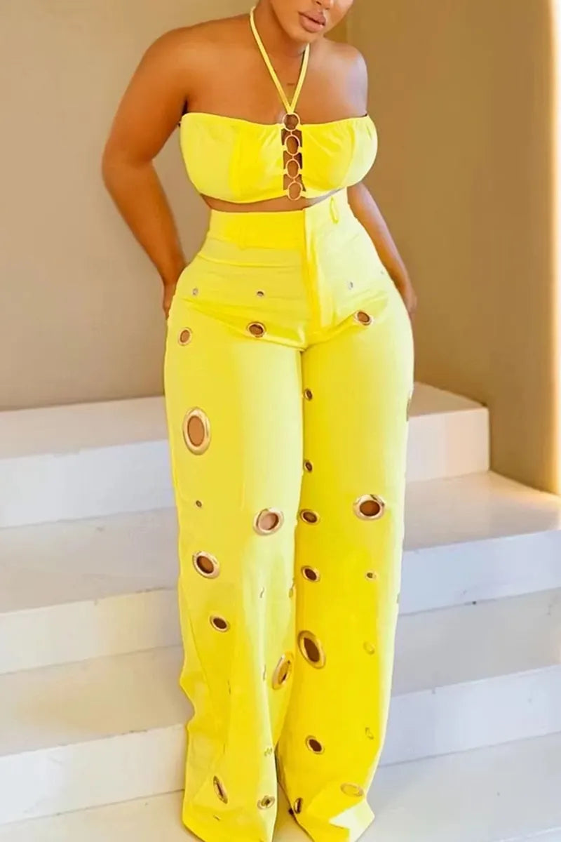 Women's Halter Neck Cutout Cropped Vacation Top Or Loose Fit Cutout Trousers