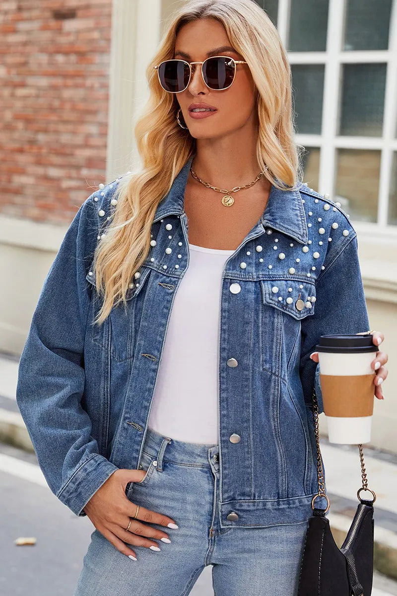 Fashion Pearl Embellished Short Denim