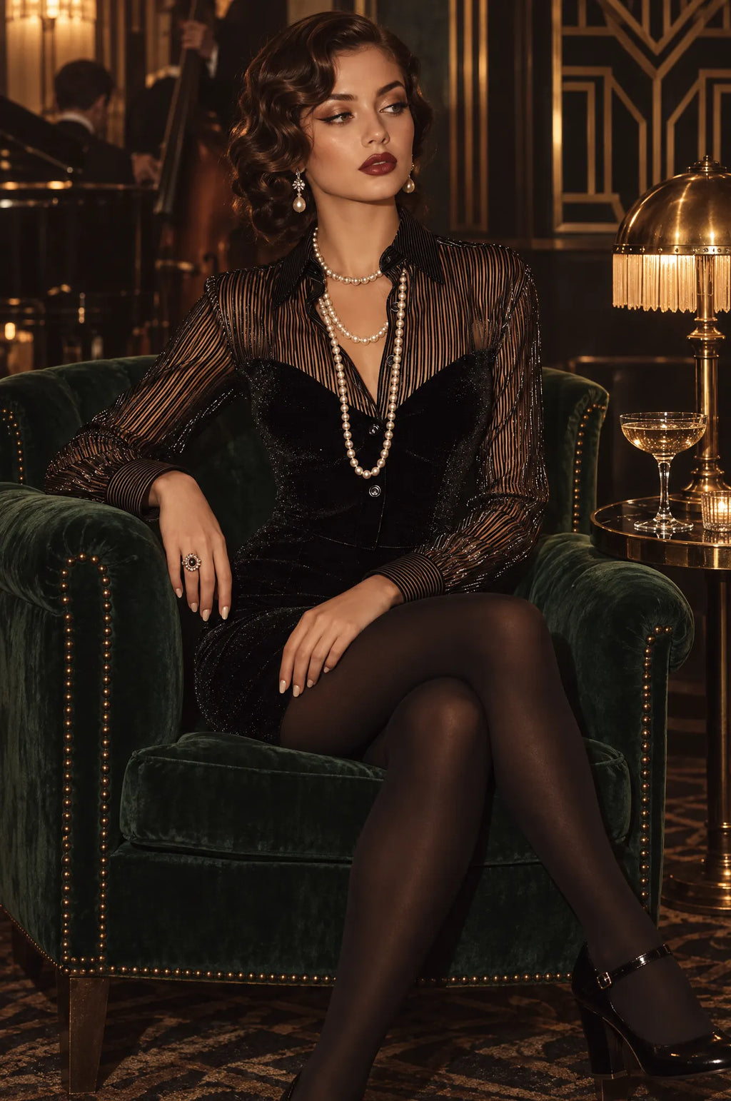 Retro Black Velvet Mini Dress with Sheer Striped Mesh Sleeves