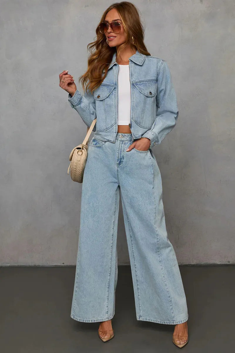 Women's Casual Loose Denim Jacket + Wide-Leg Jeans