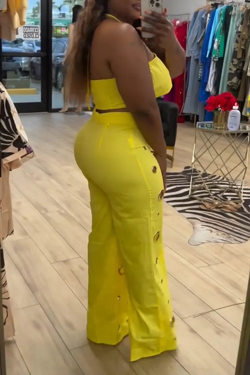 Women Neck Hanging Short Top + Hollow Wide Leg Pants Sexy Casual Suit