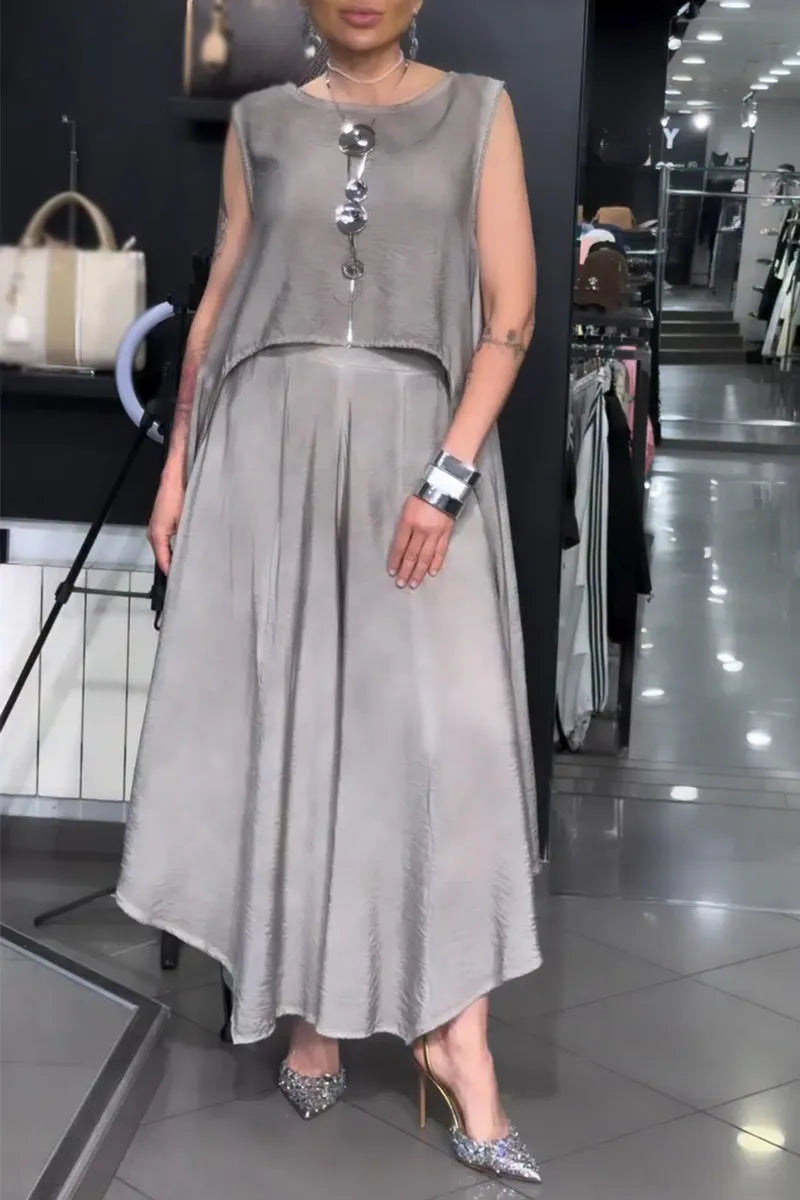 Women Round Neck Irregular Long Top+ Wide Leg Pants Loose Casual Suit