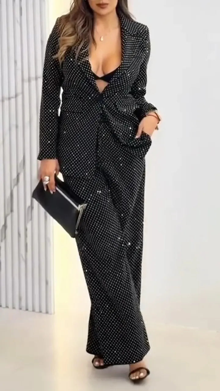 Women Laple Collar Hot Diamond Sparkling Temperament Commuter Set