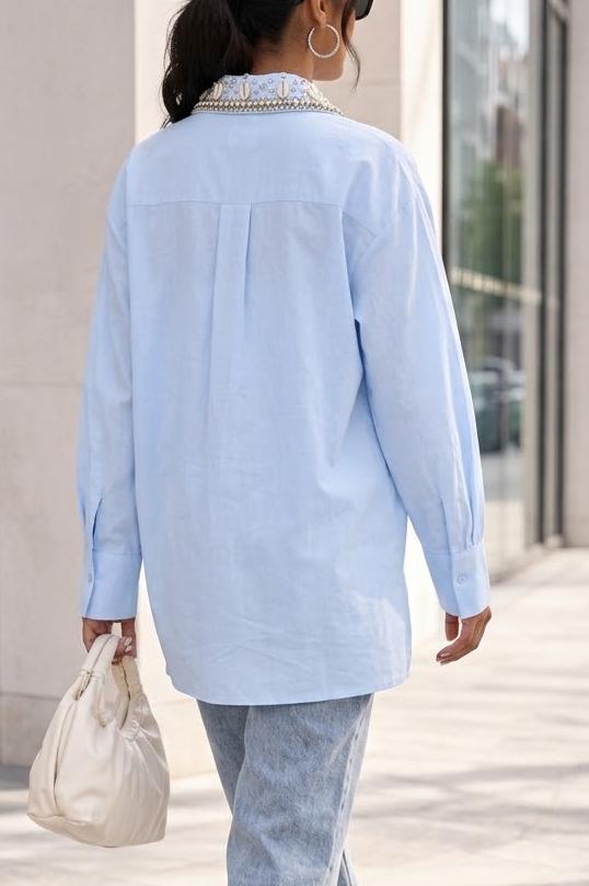 Women's The Astrid Jewel-Embellished Cotton Shirt with Crystal Collar - Sky Blue