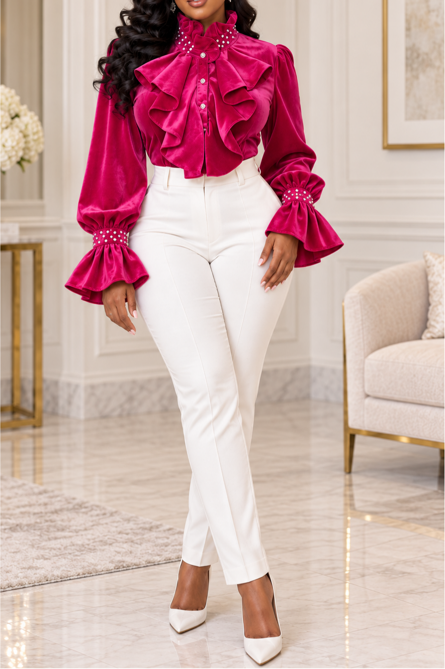 Women's Victorian Ruffle Velvet Blouse Long Bell Sleeve Button Down Shirt Mock Neck Pearl Cuff Party Evening Cocktail Tops