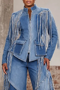 Women's Round Neck Washed Water Spliced Tassel Denim Jacket or Wide Leg Jeans