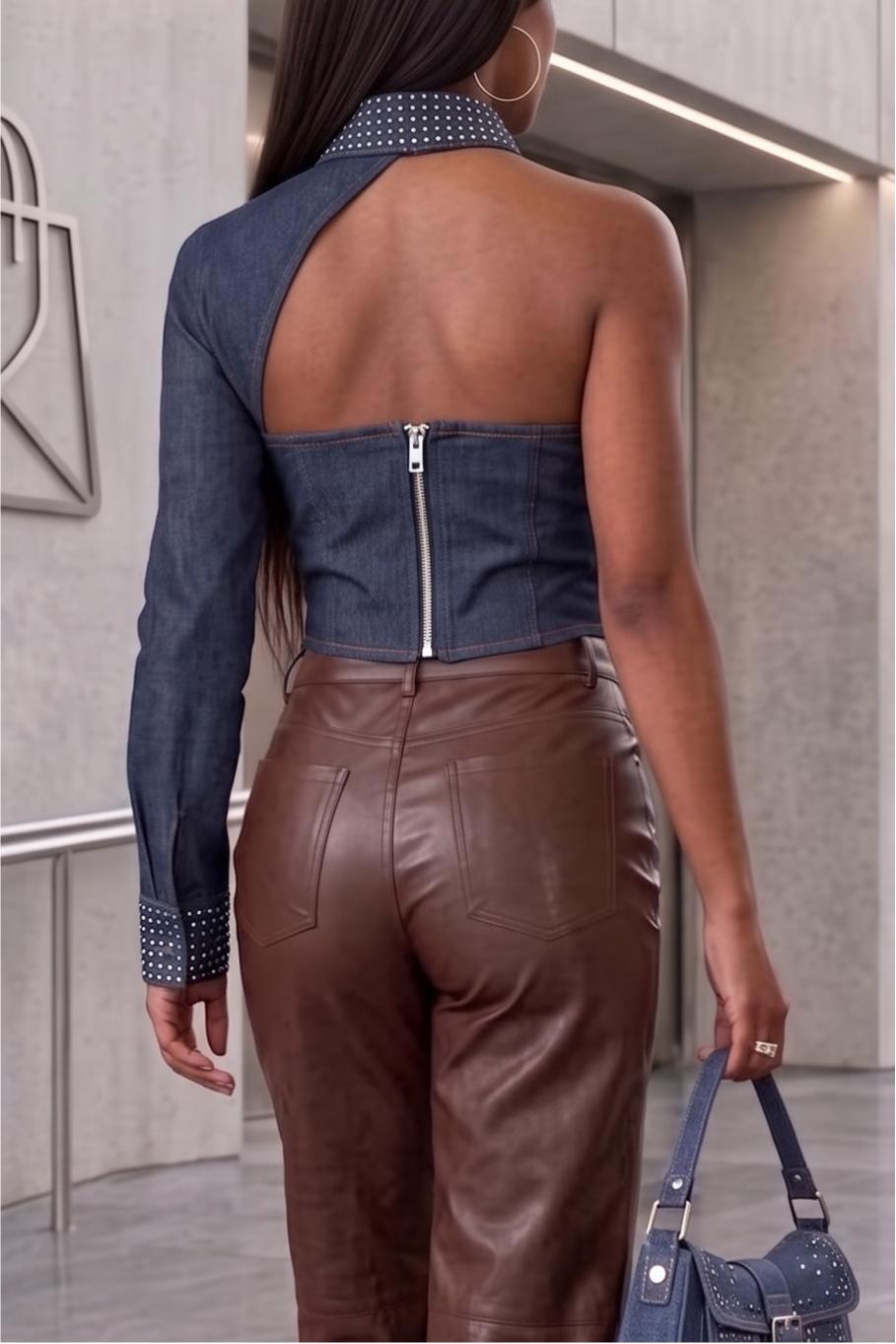 Women's Asymmetrical One Shoulder Denim Top Cutout Collar Long Sleeve Corset Jean Blouse Deconstructed Slim Fit Club Streetwear
