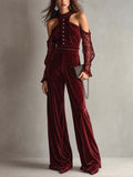 Burgundy Velvet Cold-Shoulder Wide-Leg Jumpsuit with Lace Sleeves and Rhinestone Buttons