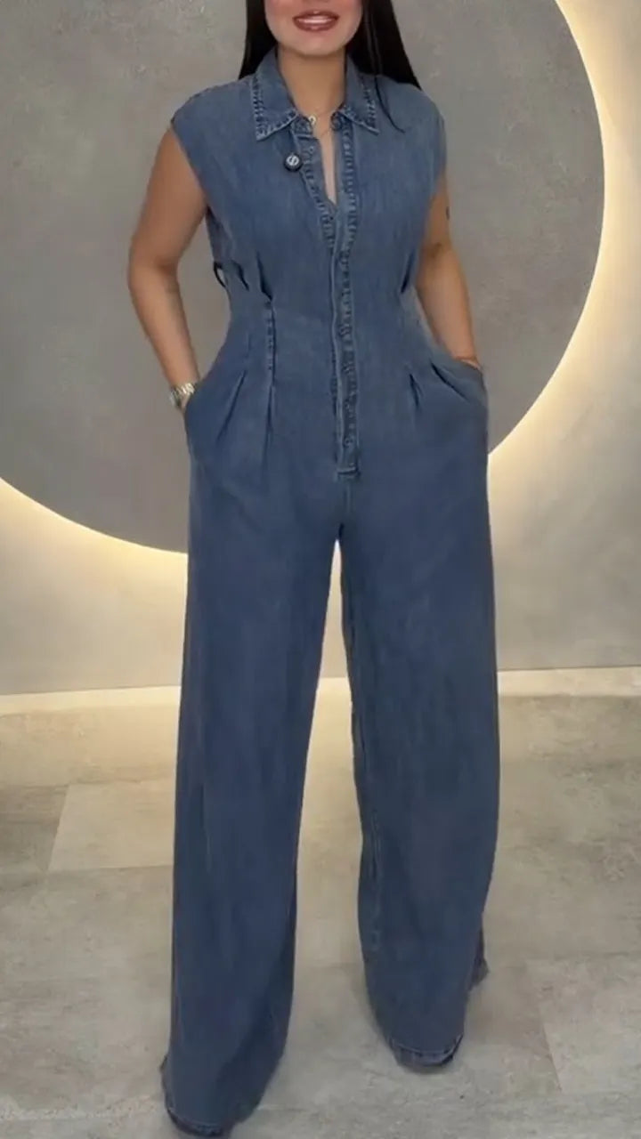 Women Flip Collar Back Hollowed Out Casual Denim Jumpsuit