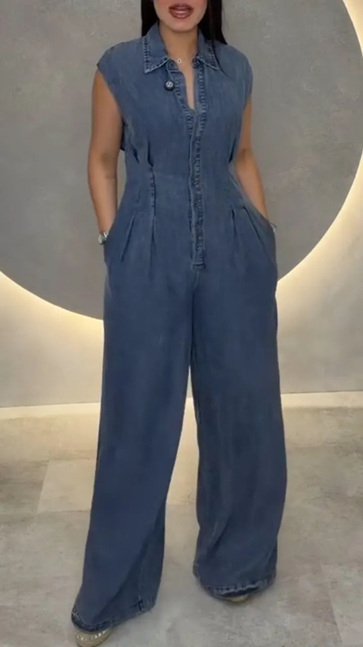 Women Flip Collar Back Hollowed Out Casual Denim Jumpsuit