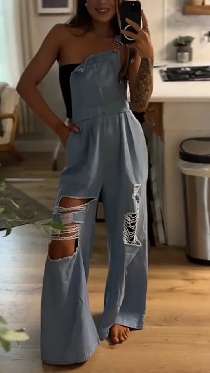 Ladies Shoulder Straps with Holes for Casual Wear Denim Jumpsuit