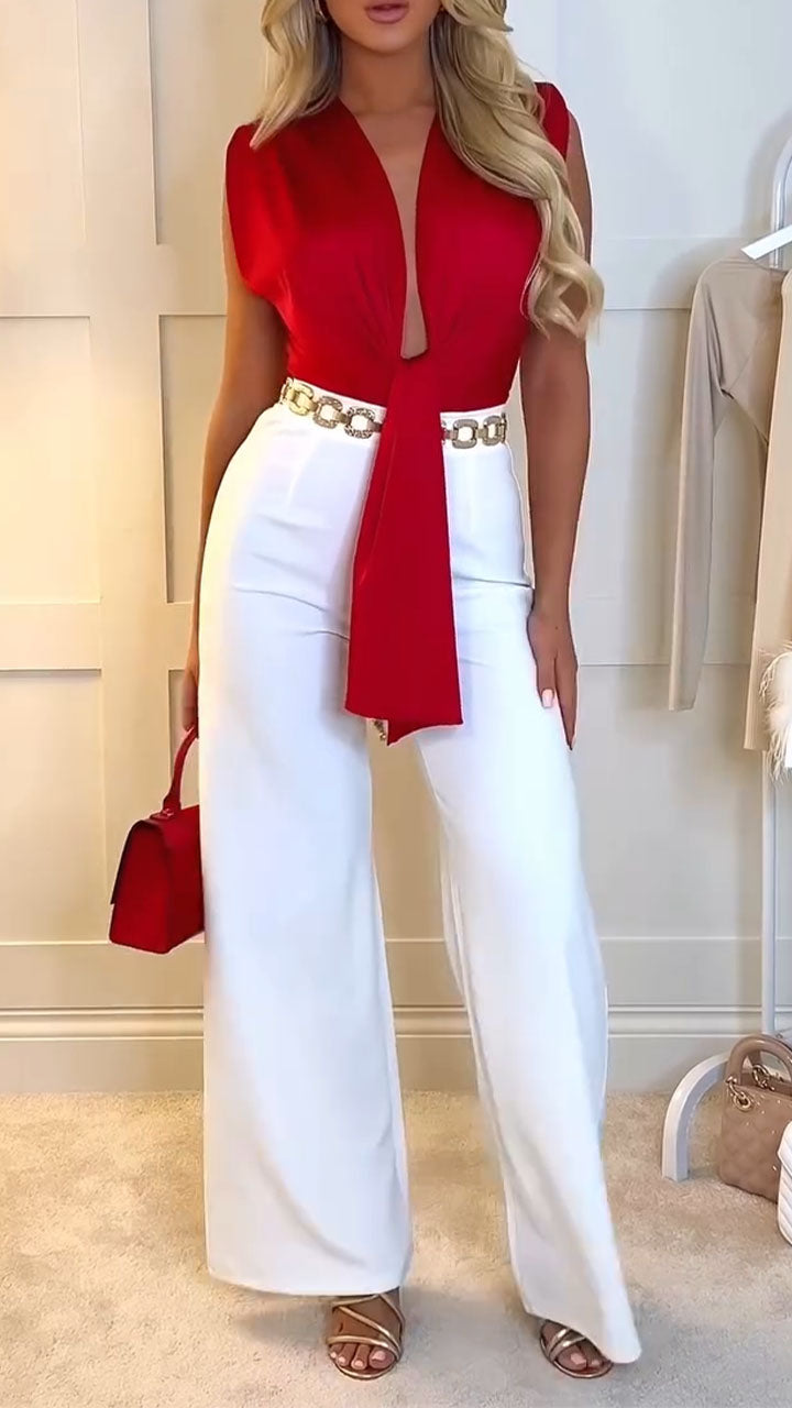Women Deep V-neck Jumpsuit+ Pants Temperament Casual Suit