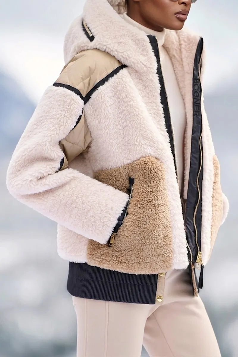Women's Hooded Patchwork Contrasting Color Casual Plush Coat