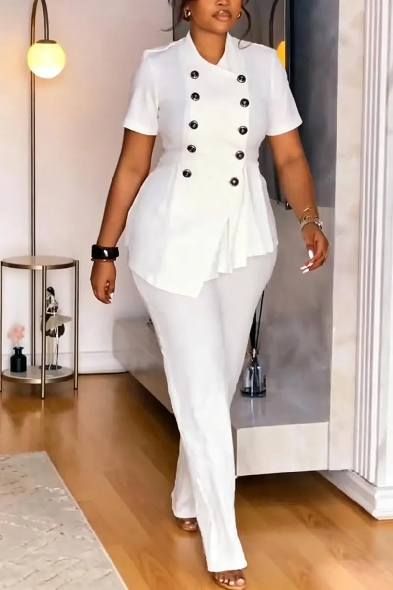 Women Round Neck Double Breasted Top and Pants Casual Suit
