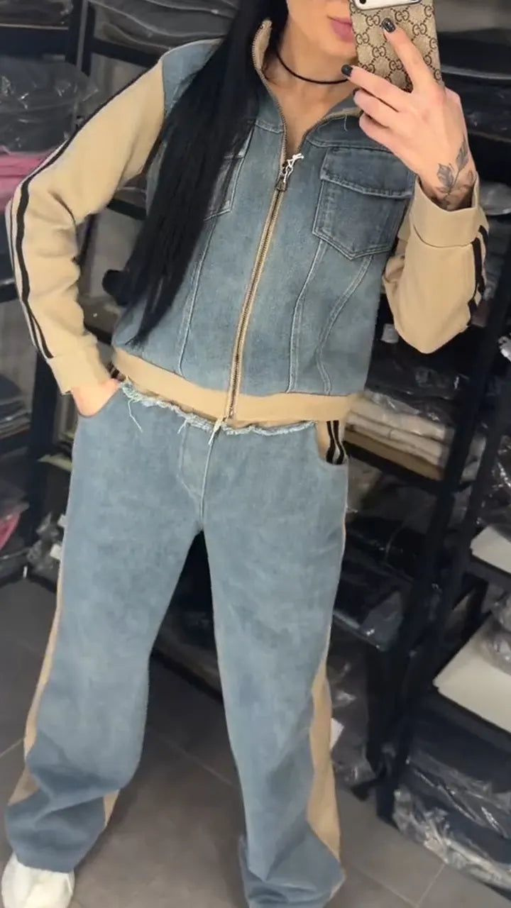 Women Collared Patchwork Denim Casual Jacket + Jeans Casual Suit