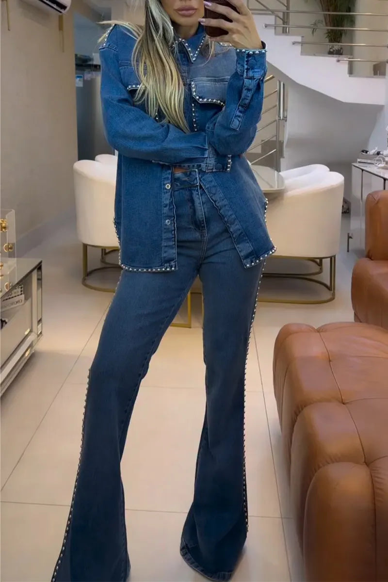 Women Collar Studded Denim Jacket or High Waisted Flared Jeans