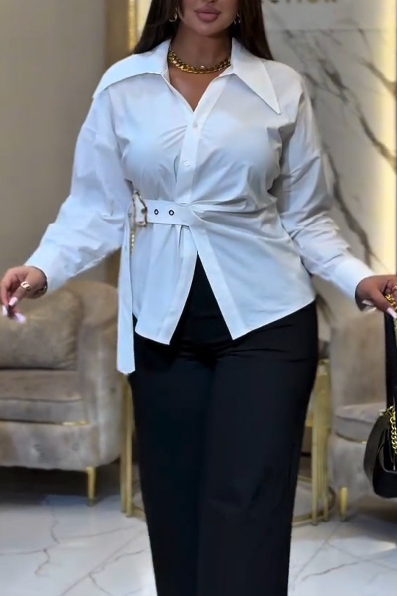 Women's Collar and Waist Cinched Elegant Casual Shirt