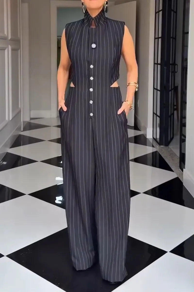 Women's Fashion Waist Cutout Stripe Wide Leg Jumpsuit