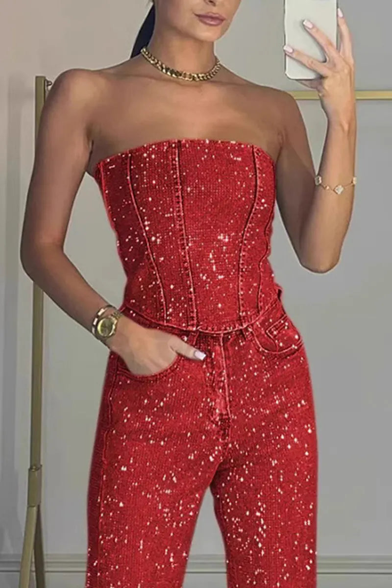 Ladies' Sexy Off Shoulder Sparkling Camisole With Diamond Trim Pants